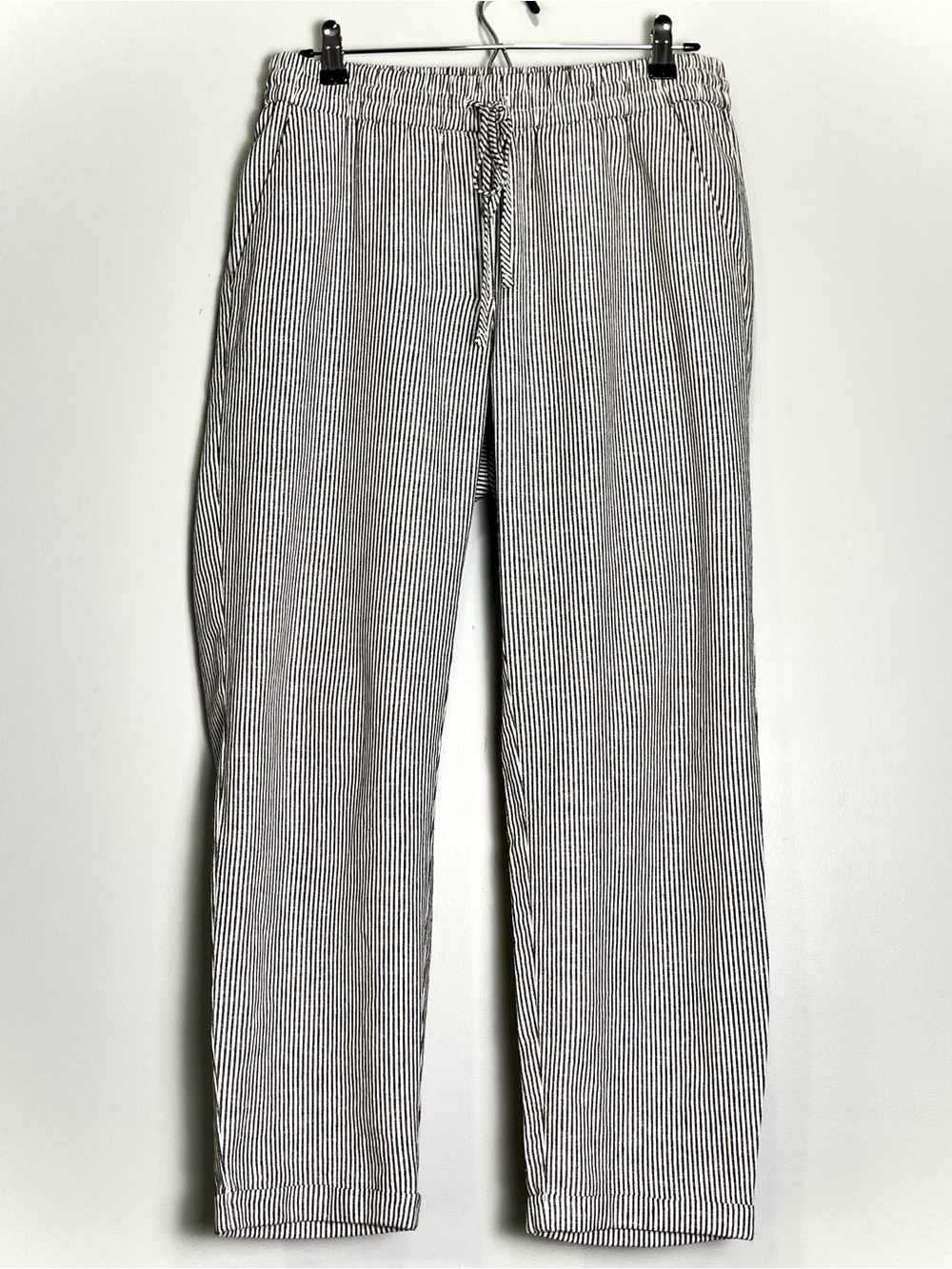 J. CREW Women's Linen Cotton Pants Black Ivory Striped Pull-On Pants Cuff Size 8